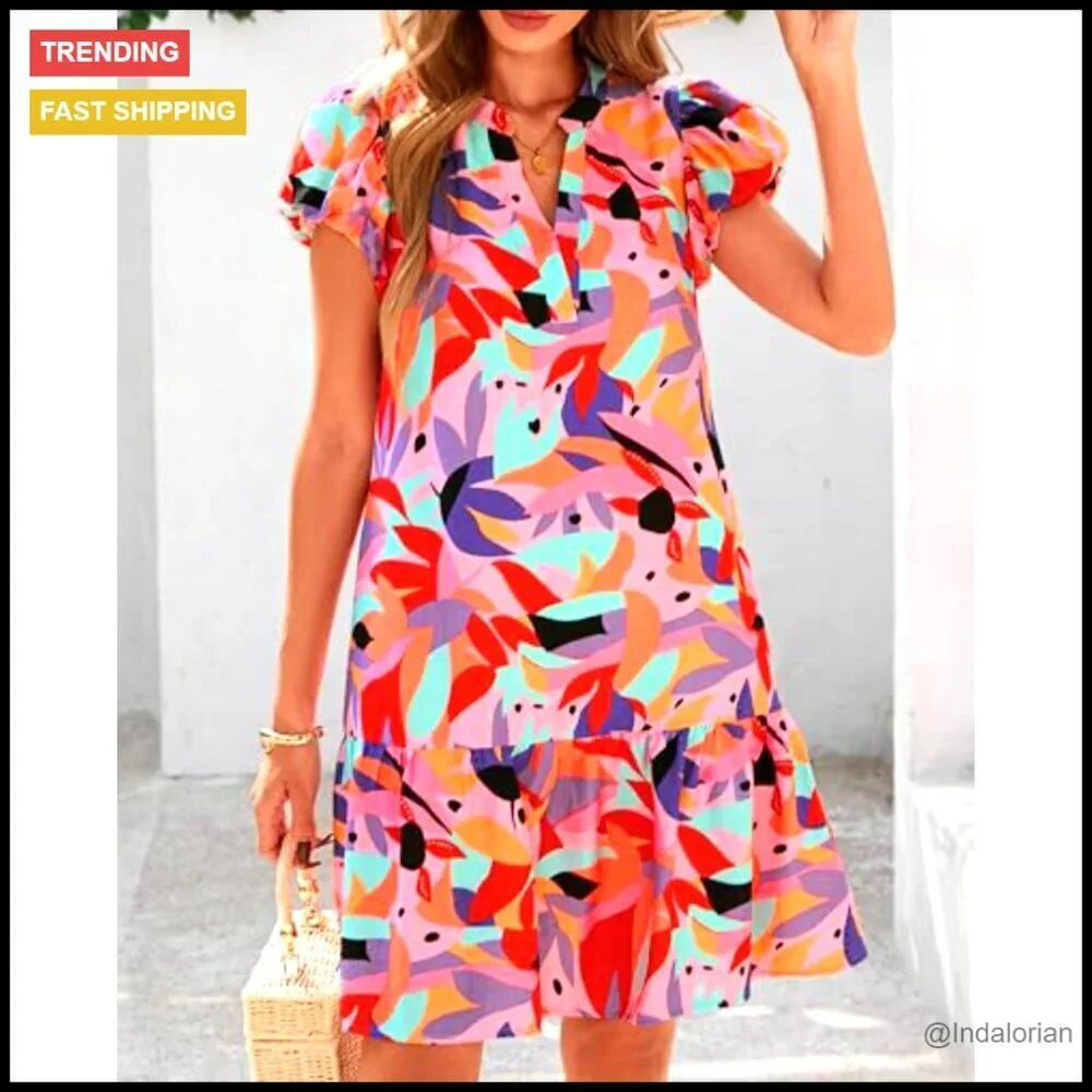 Puffy Sleeve V-Neck Boho Mini Dress Flowy A-Line with Pockets Summer Casual